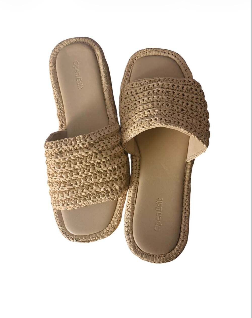 Open Edit Woven Raffia Platform Slide Sandals Size 10